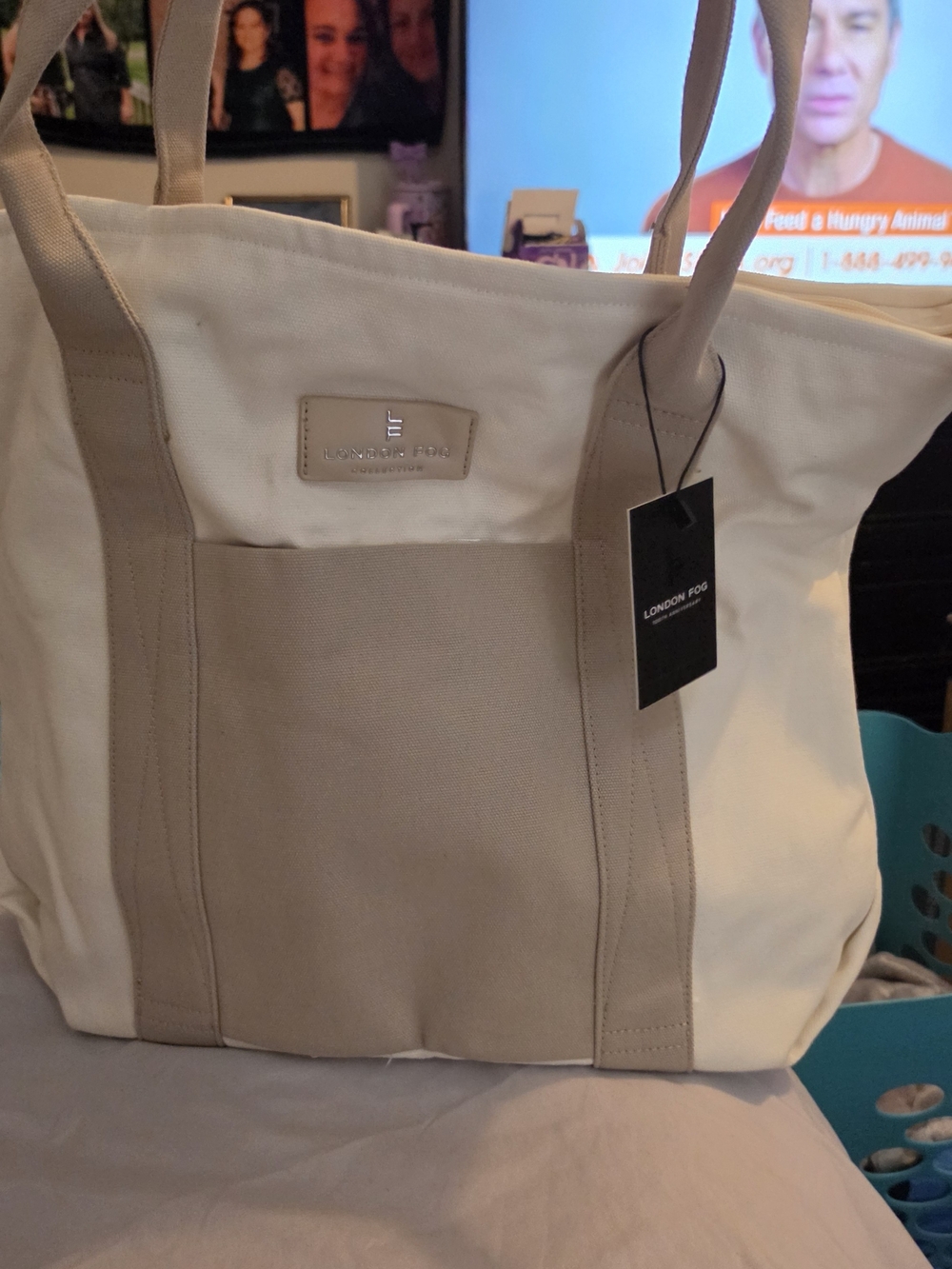 London Fog Canvas Tote in White and Tan